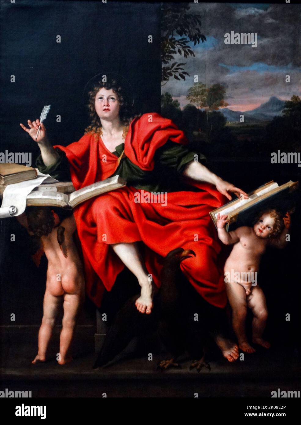 San Giovanni Evangelista, dipinto di Domenico Zampieri (fine 1620s – 21 ottobre 1581 – 6 aprile 1641), noto dal piccolo Domenichino dopo la sua brevità, è stato un pittore barocco italiano della Scuola di pittori bolognese Foto Stock