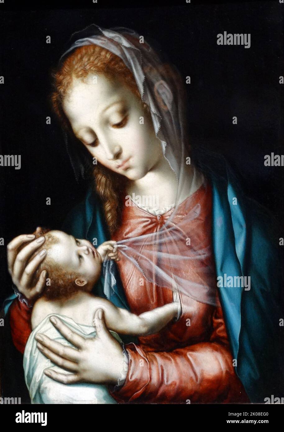 La Vergine col Bambino, c1565-70, di Luis de Morales (1509 - 9 maggio 1586) è stato un pittore spagnolo attivo durante il Rinascimento spagnolo nel 16th ° secolo Foto Stock