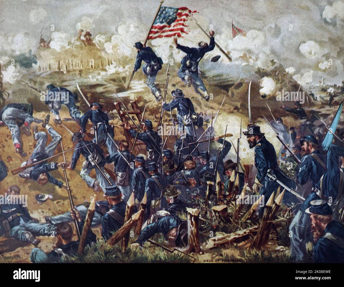 L'Assedio di Vicksburg (Vicksburg, 18 maggio – 4 luglio 1863) è stato l'ultimo grande intervento militare della campagna di Vicksburg della guerra civile americana. In una serie di manovre, l'Union Major Gen. Ulysses S. Grant e la sua Esercito del Tennessee attraversarono il fiume Mississippi e guidarono l'Esercito Confederato del Mississippi, guidato dal Gen. John C. Pemberton, nelle linee difensive che circondano la città fortezza di Vicksburg, Mississippi. Verniciatura ad olio Foto Stock