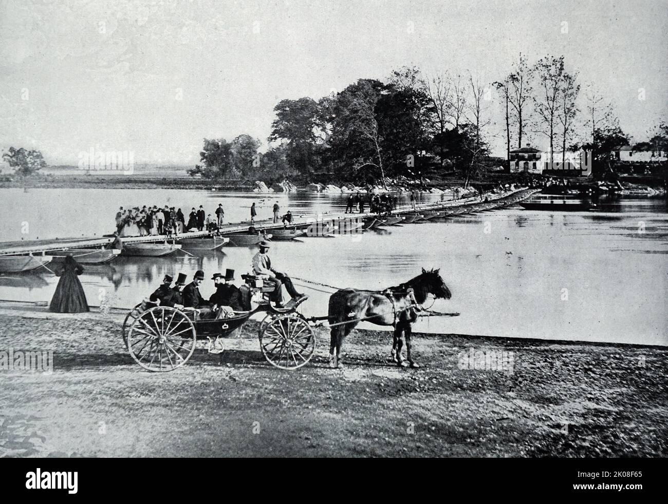 Ponte di pontone tra Georgetown e l'isola di Anacosta durante la guerra civile americana (12 aprile 1861 - 9 maggio 1865) una guerra civile negli Stati Uniti tra gli Stati dell'Unione e gli stati confederati Foto Stock