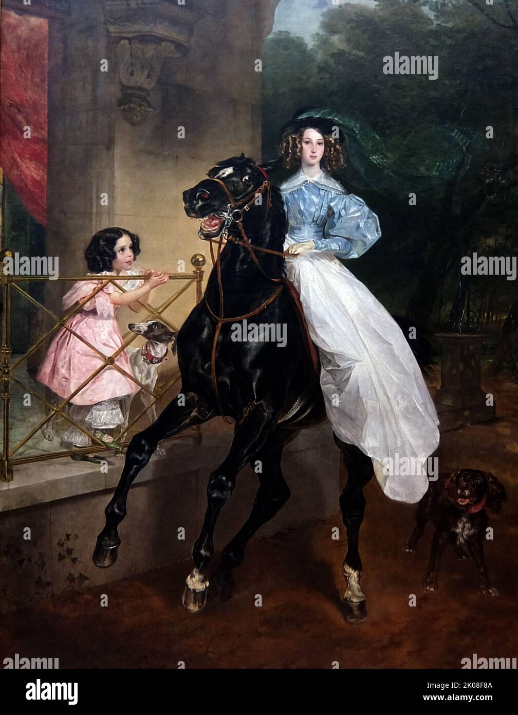 Horsewoman, 1832 di K. P. Briullov. Center Karl Pavlovich Bryullov Karl Pavlovich Bryullov (12 dicembre 1799 – 11 giugno 1852), nome originale Charles Bruleau, anche traslitterato Briullov e Briuloff, e chiamato dai suoi amici Karl the Great, è stato un pittore russo Foto Stock