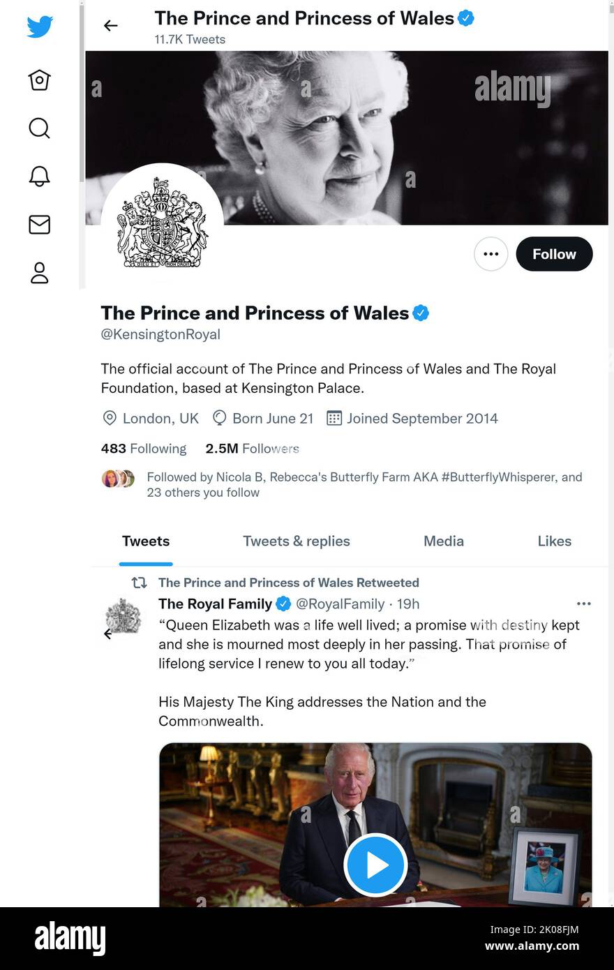 Twitter page (settembre 2022) del Principe e Principessa di Galles - Guglielmo e Caterina - poco dopo la morte della Regina Elisabetta II Foto Stock