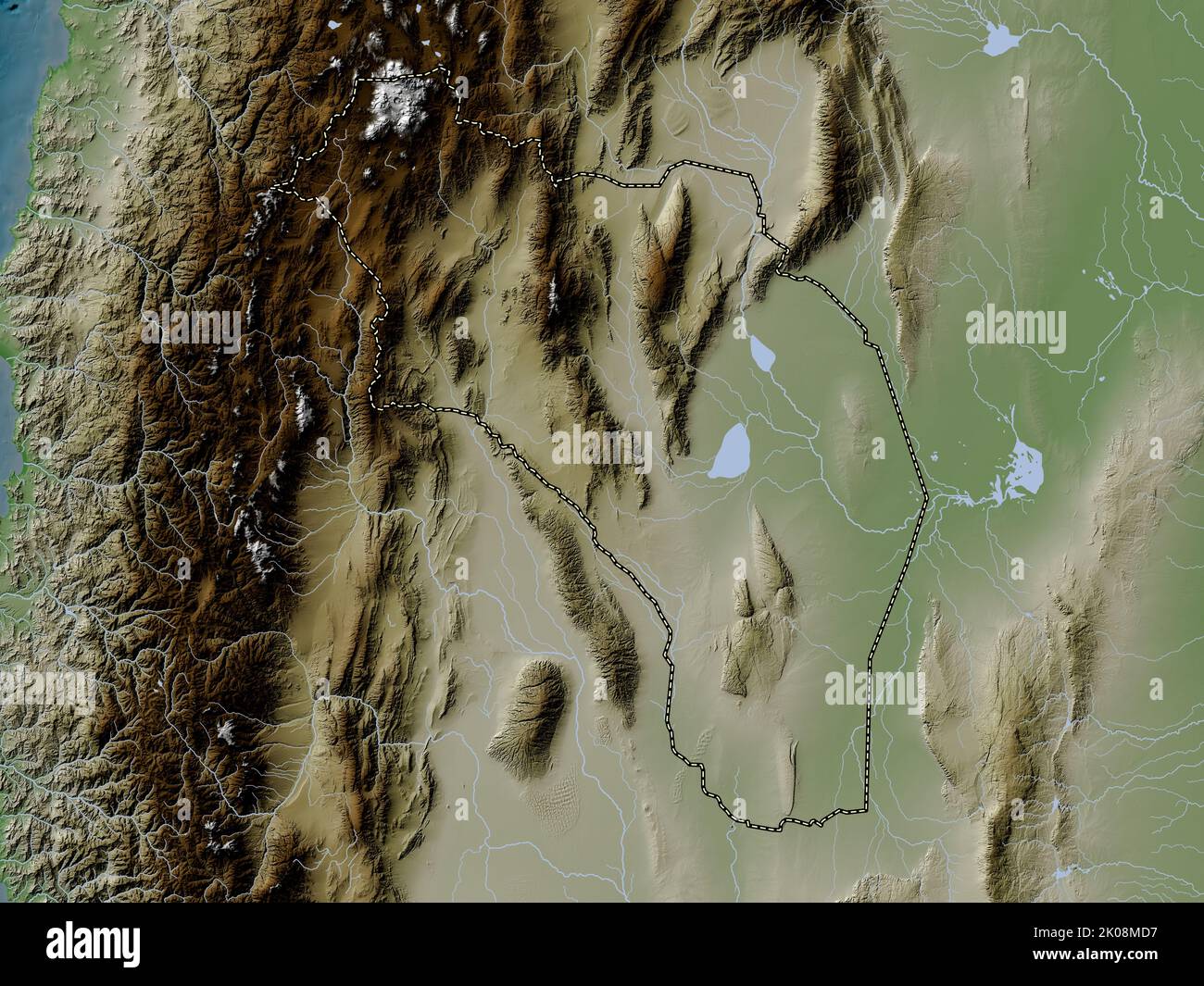 La Rioja, provincia dell'Argentina. Mappa dell'altitudine colorata in stile wiki con laghi e fiumi Foto Stock