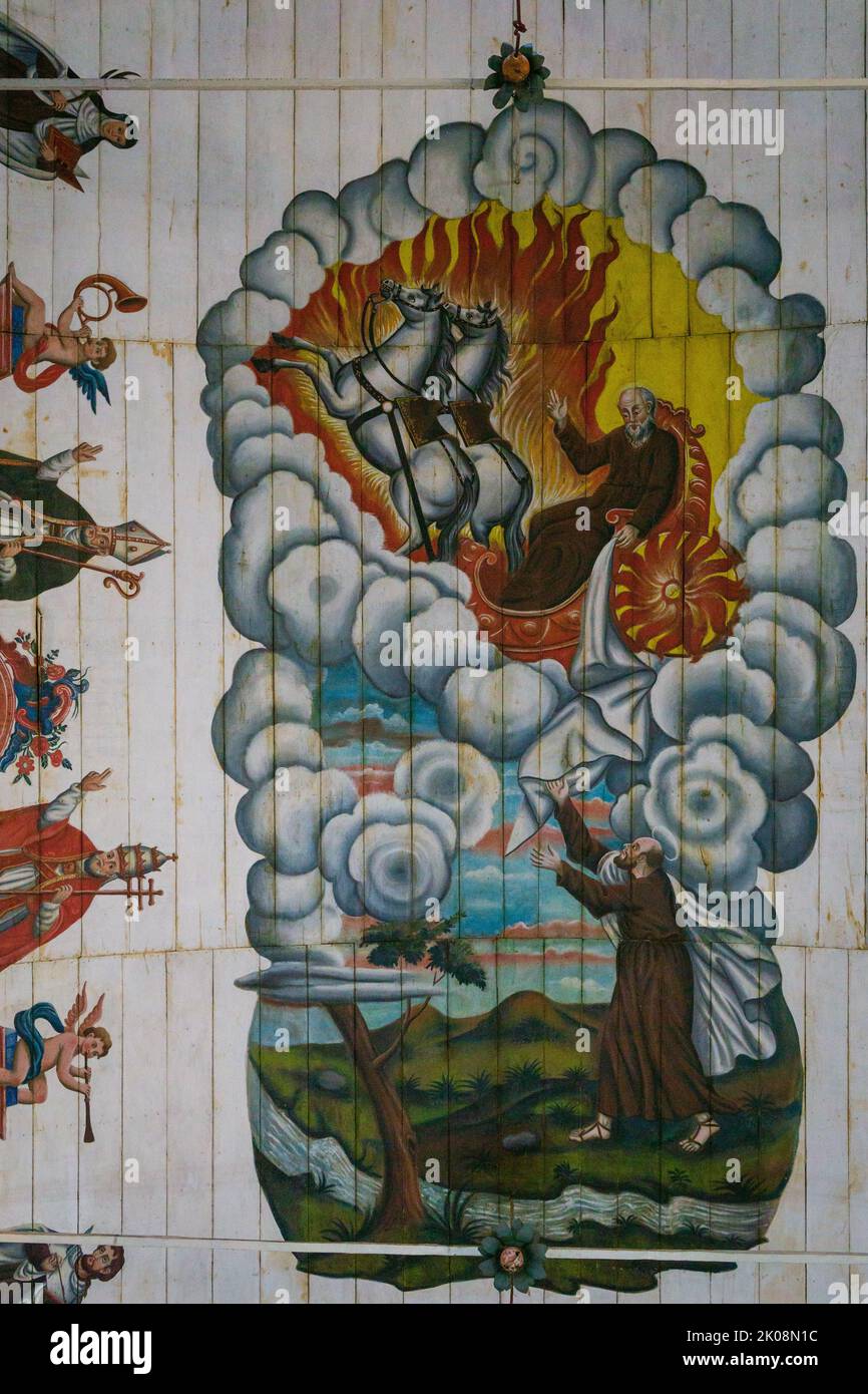 Igreja de Nossa Senhora do Carmo, dipinto a soffitto della navata raffigurante Sant'Elia che viene trasportata in cielo in un carro di fuoco. Foto Stock