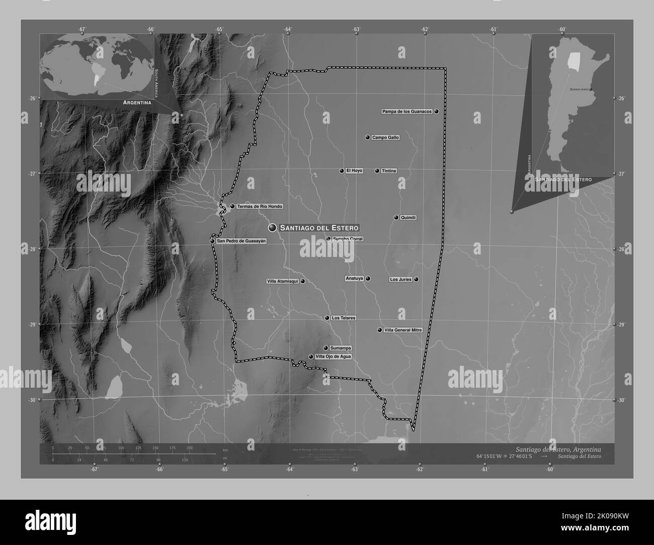 Santiago del estero, provincia dell'Argentina. Mappa in scala di grigi con laghi e fiumi. Località e nomi delle principali città della regione. Angolo a Foto Stock