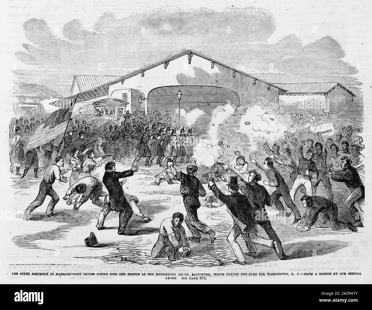 Il sesto Reggimento del Massachusetts, truppe che sparano contro la gente al Kensington Depot di Baltimora, mentre prendono le auto per Washington, D. C. 19th aprile 1861. Tumulto di Baltimora del 1861 a.. Le rivolte di Pratt Street nella guerra civile americana. Illustrazione del 19th° secolo dal quotidiano illustrato di Frank Leslie Foto Stock