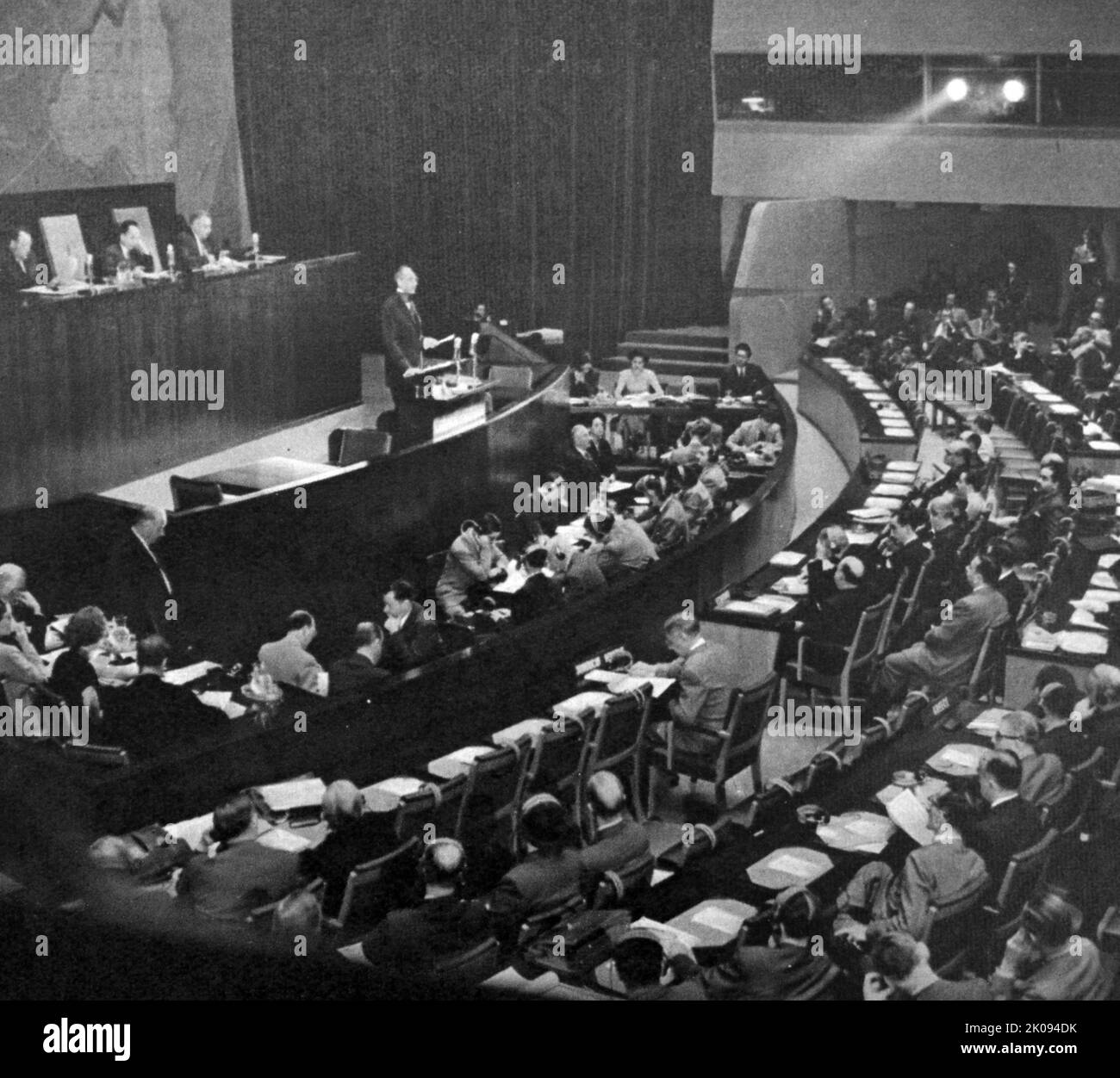 L'Assemblea delle cinquantine Nazioni presso la Sala dell'Assemblea Generale a Flushing Meadow, New York, sabato 29 novembre 1947. Fotografia del sig. Acheson, segretario di Stato degli Stati Uniti, che si rivolge all'assemblea. Foto Stock