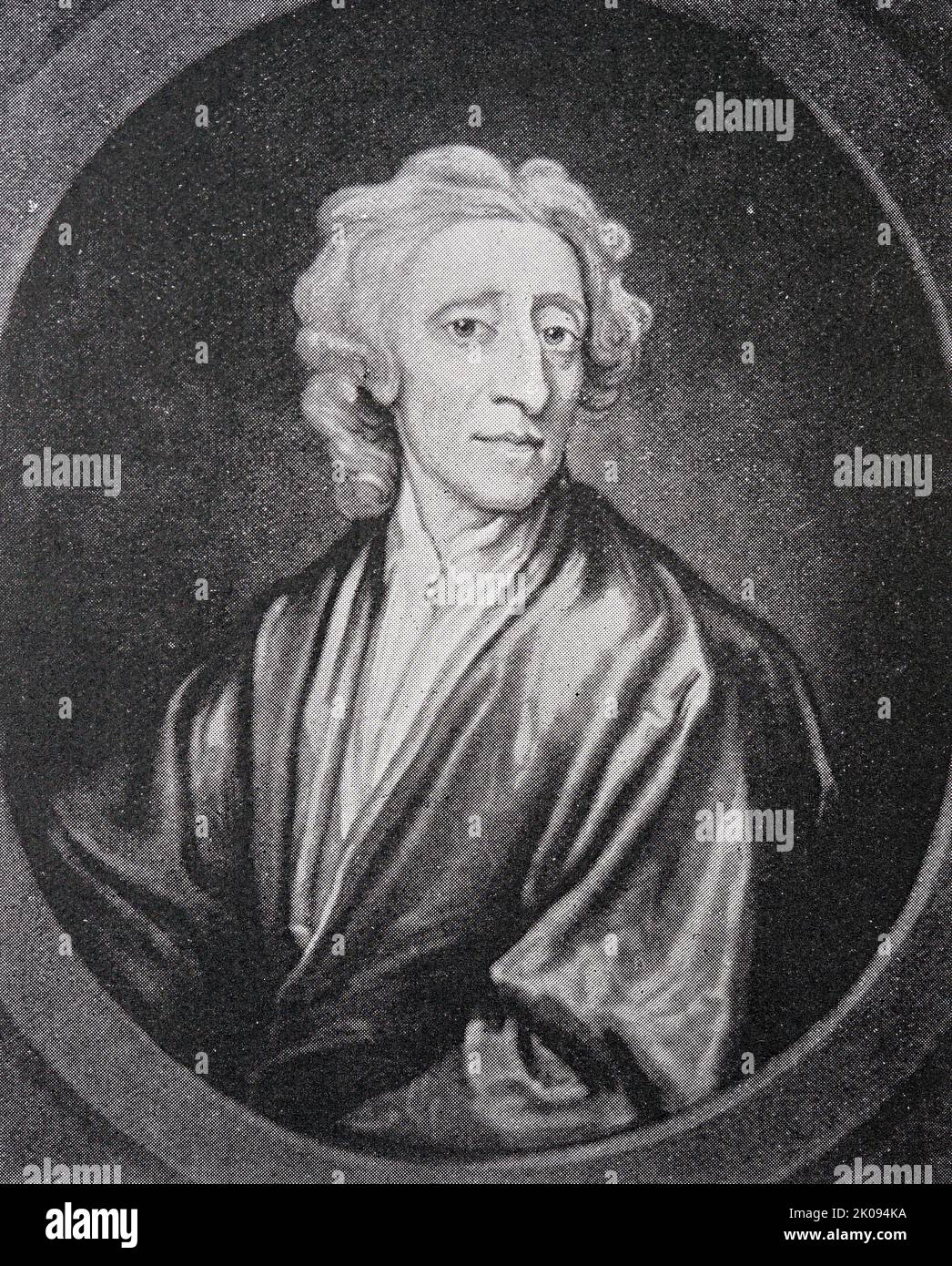 Stampa di John Locke, da un dipinto di Kneller. John Locke FRS (29 agosto 1632 – 28 ottobre 1704) è stato un filosofo e medico inglese, ampiamente considerato come uno dei più influenti pensatori dell'Illuminismo e comunemente noto come il Padre del liberalismo. Foto Stock