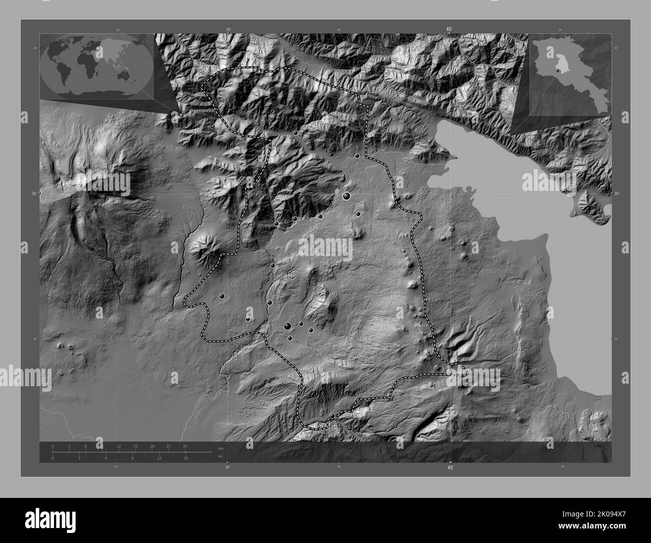 Kotayk, provincia di Armenia. Mappa altimetrica bilivello con laghi e fiumi. Posizioni delle principali città della regione. Mappe delle posizioni ausiliarie degli angoli Foto Stock