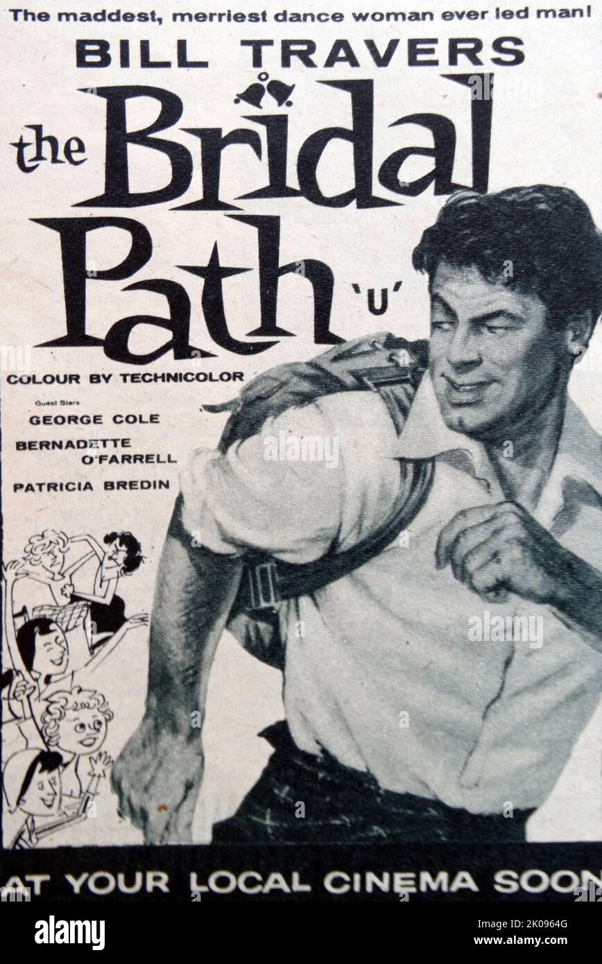 Pubblicità per The Bridal Path, un film comico britannico del 1959 diretto da Frank Launder e con Bill Travers, George Cole e Bernadette o'Farrell. Immagine di Bill Travers. Foto Stock