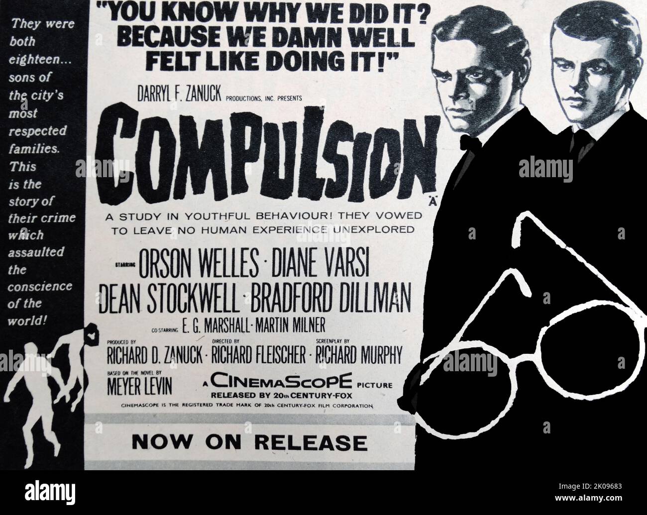 Pubblicità per Compulse, un film di dramma del crimine americano del 1959, con Orson Welles. George Orson Welles (6 maggio 1915 – 10 ottobre 1985) è stato un . È considerato tra i più grandi e influenti registi di tutti i tempi. Foto Stock