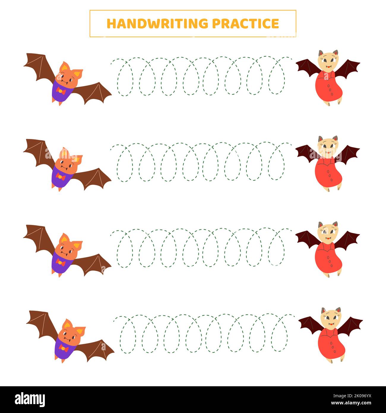 Pratica di scrittura a mano per i bambini con cartoon bat.Educational gioco per i bambini. Foto Stock