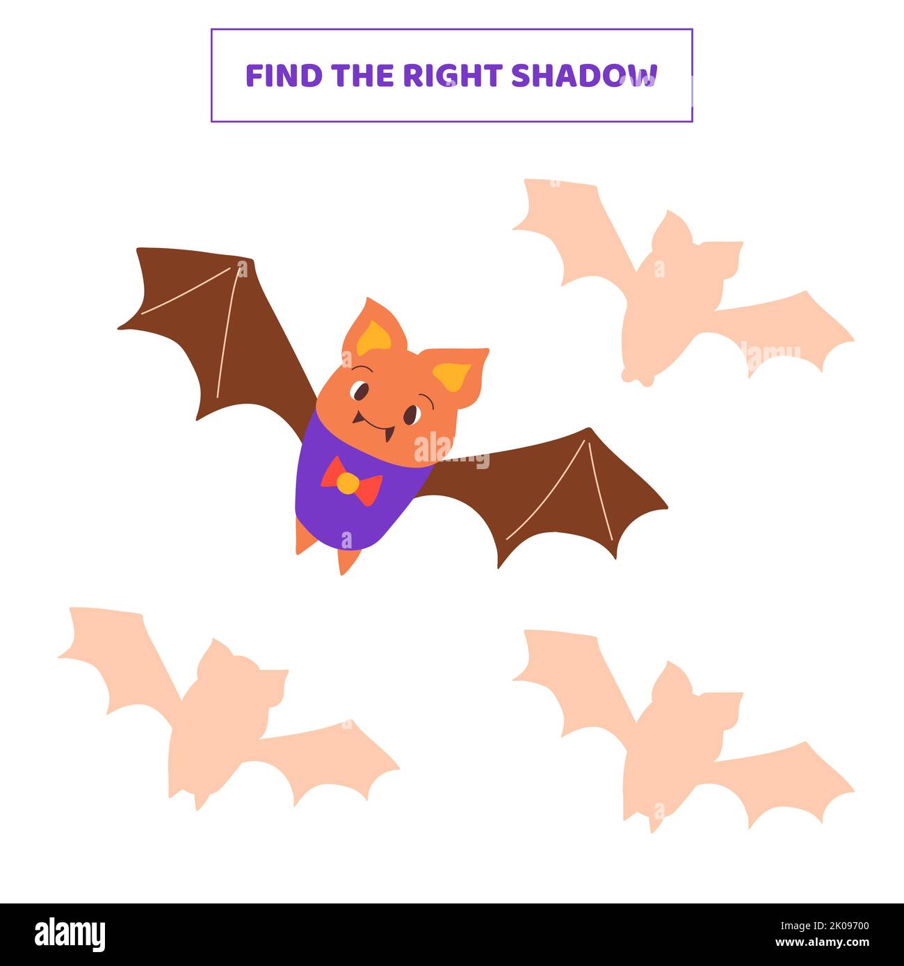 Trova l'ombra giusta per il bat dei cartoni animati. Gioco educativo per bambini. Foto Stock