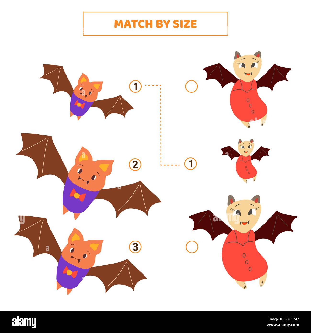 Corrispondenza per dimensione per i pipistrelli cartoon. Gioco educativo per bambini. Foto Stock