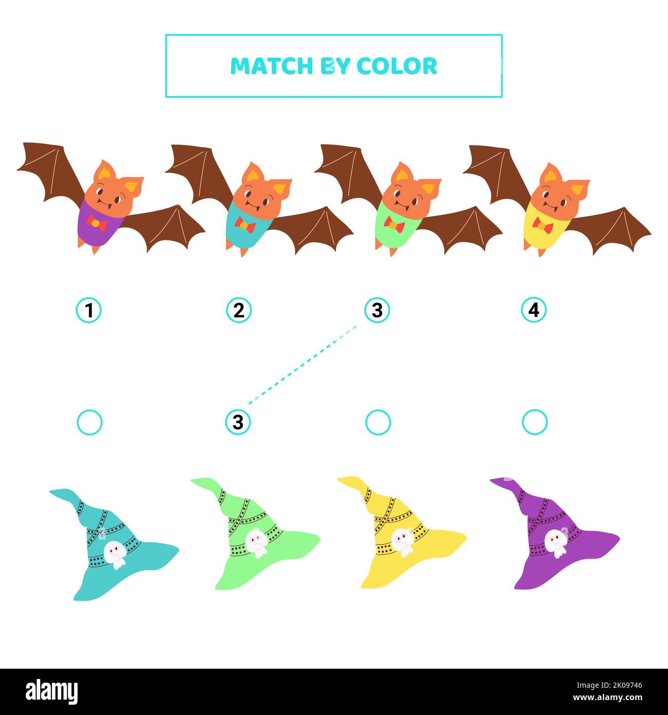 Abbina i simpatici pipistrelli dei cartoni animati per colore. Gioco per bambini. Foto Stock