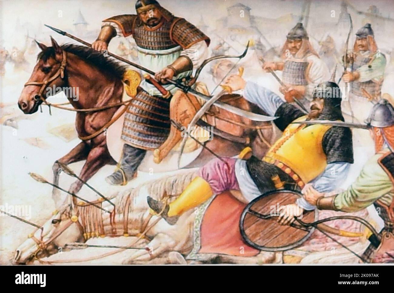 Genghis Khan (temujin, 18 agosto 1227), nato Temujin, fu il fondatore e primo Grande Khan (Imperatore) dell'Impero Mongolo, che divenne il più grande impero contiguo della storia dopo la sua morte. Venne al potere unendo molte delle tribù nomadi del Nord-Est asiatico. Dopo aver fondato l'Impero e essere stato proclamato il sovrano universale dei Mongoli, o Gengis Khan, lanciò le invasioni mongoli, che alla fine conquistarono la maggior parte dell'Eurasia, arrivando fino ad ovest fino alla Polonia e fino a sud fino all'Egitto. Foto Stock