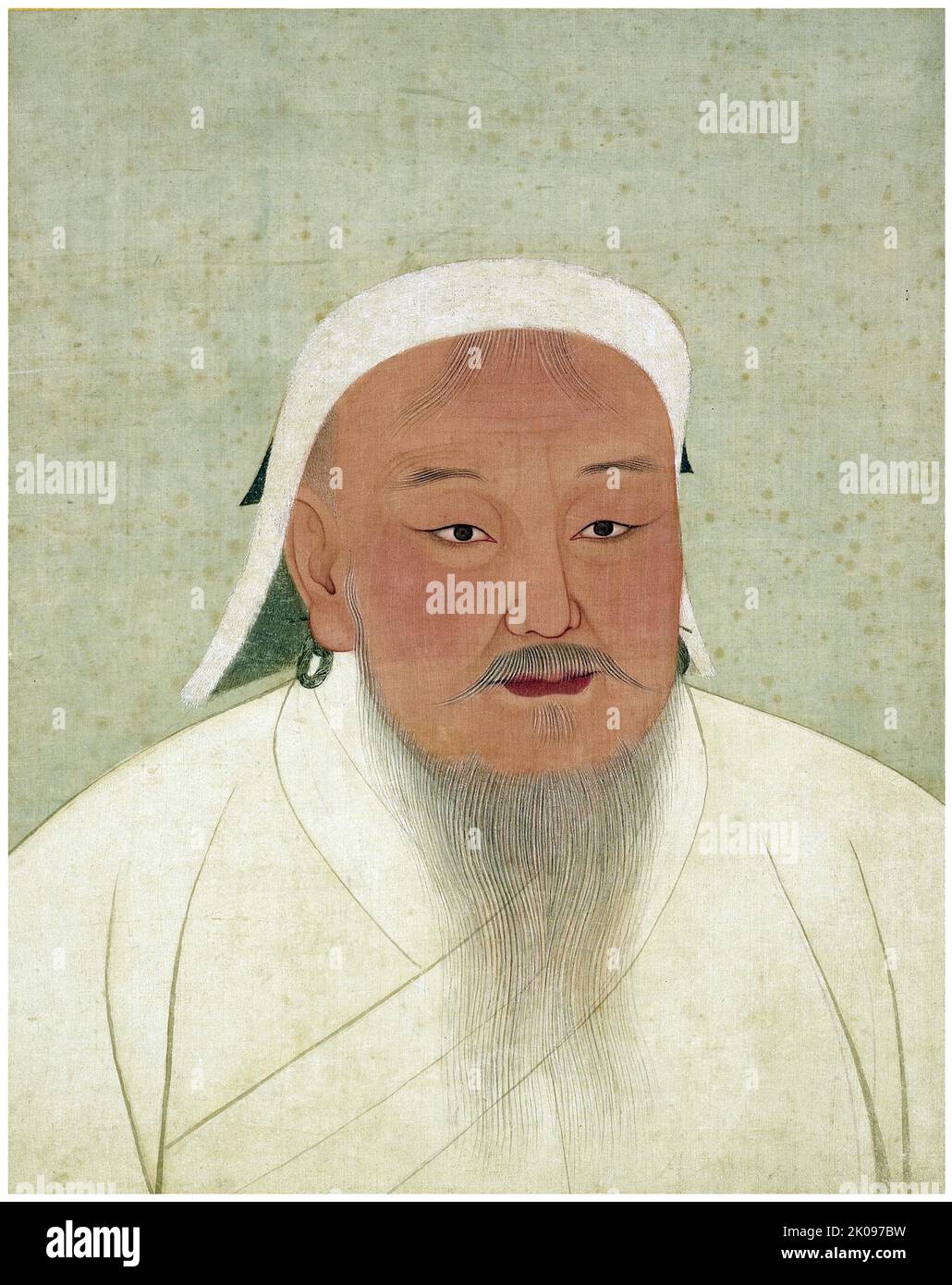 Genghis Khan (temujin, 18 agosto 1227), nato Temujin, fu il fondatore e primo Grande Khan (Imperatore) dell'Impero Mongolo, che divenne il più grande impero contiguo della storia dopo la sua morte. Venne al potere unendo molte delle tribù nomadi del Nord-Est asiatico. Dopo aver fondato l'Impero e essere stato proclamato il sovrano universale dei Mongoli, o Gengis Khan, lanciò le invasioni mongoli, che alla fine conquistarono la maggior parte dell'Eurasia, arrivando fino ad ovest fino alla Polonia e fino a sud fino all'Egitto. Foto Stock