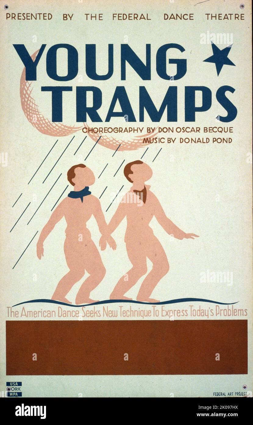 Poster per la presentazione del progetto Federal Dance Theatre di Young Tramps che mostra due uomini che camminano sotto la pioggia. Coreografia di Don Oscar Becque, musica di Donald Pond. Foto Stock