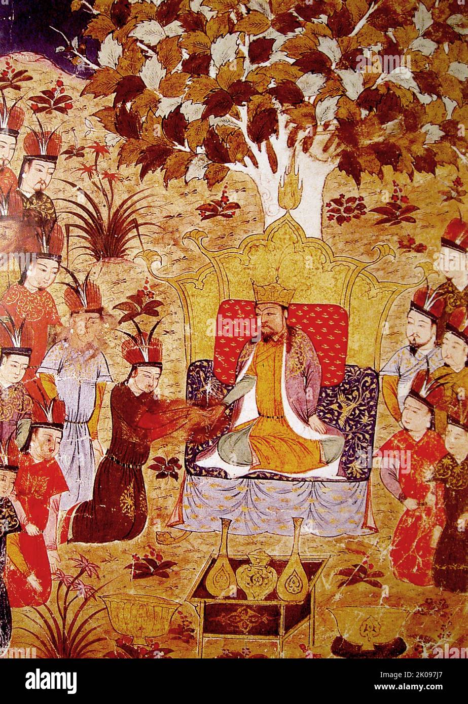 Genghis Khan (centro) all'incoronazione di suo figlio Ogedei, Rashid al-DIN, all'inizio del 14th ° secolo. Genghis Khan (temujin, 18 agosto 1227), nato Temujin, fu il fondatore e primo Grande Khan (Imperatore) dell'Impero Mongolo, che divenne il più grande impero contiguo della storia dopo la sua morte. Venne al potere unendo molte delle tribù nomadi del Nord-Est asiatico. Dopo aver fondato l'Impero e essere stato proclamato il sovrano universale dei Mongoli, o Gengis Khan, lanciò le invasioni mongoli, che alla fine conquistarono la maggior parte dell'Eurasia, arrivando fino ad ovest fino alla Polonia e fino a sud fino all'Egitto. Foto Stock