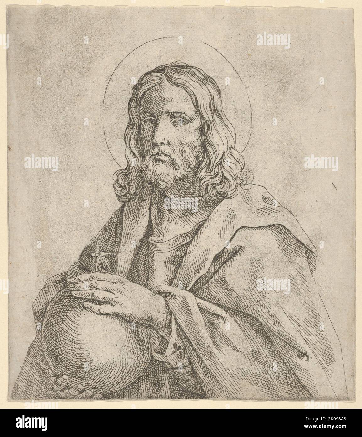 Cristo visto a metà lunghezza, tenendo un globo sormontato da una croce, dopo reni, 1600-1680. Foto Stock