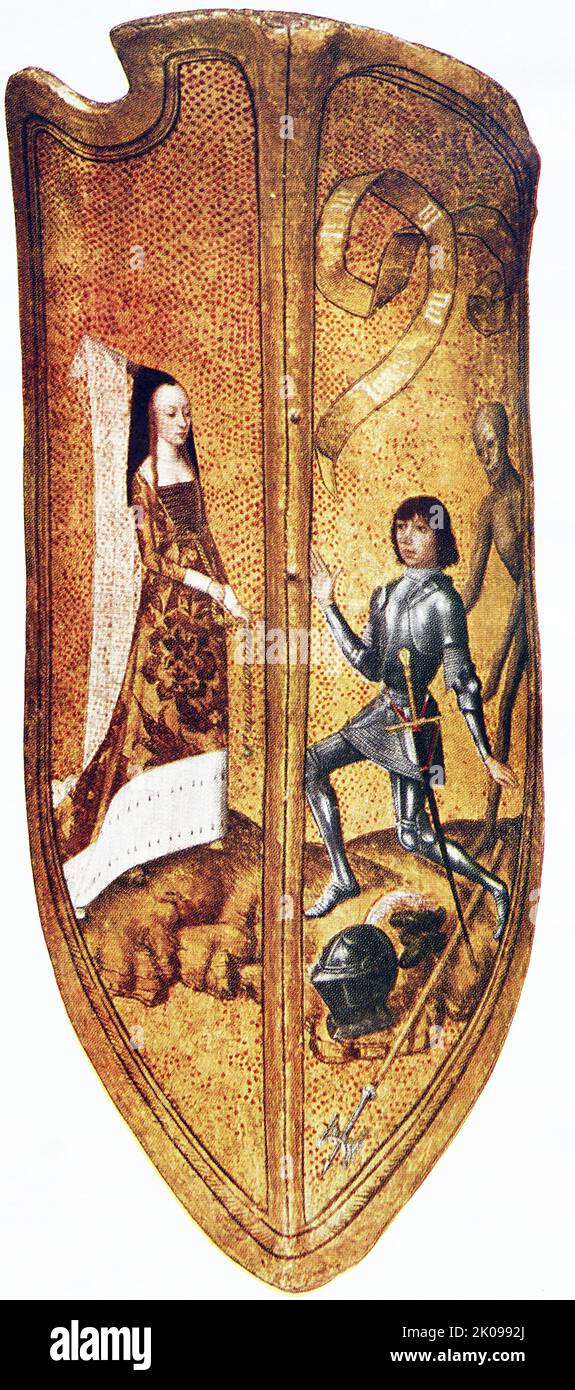 Tudor scudo di sfilata che esprime lo spirito della cavalleria medievale. Sarebbe visualizzato ai tornei ma non utilizzato in combattimento. Foto Stock