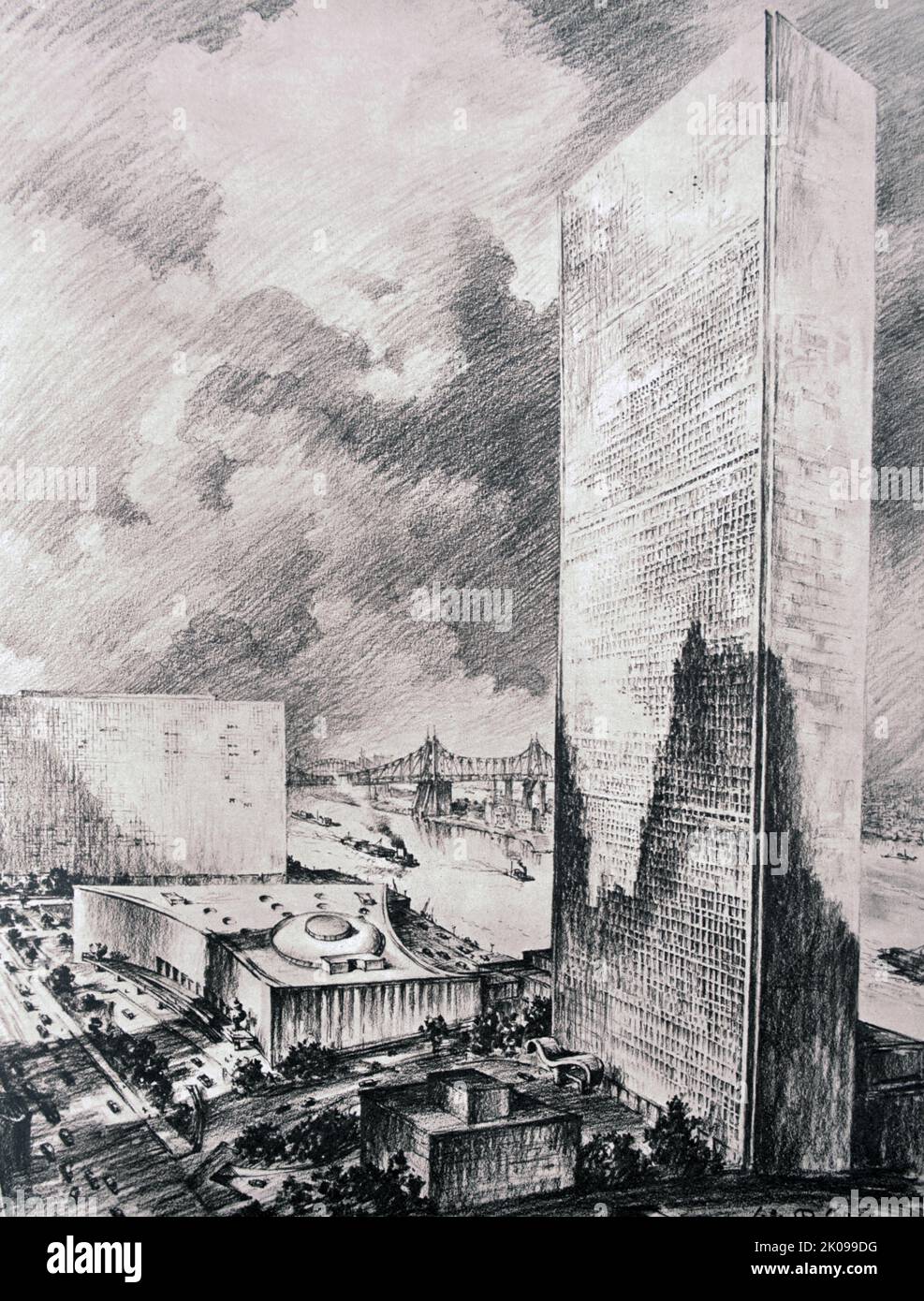 L'impressione dell'artista sul nuovo edificio del Segretariato delle Nazioni Unite. Il Segretariato delle Nazioni Unite è un grattacielo alto 505 piedi (154 m) e il fulcro della sede delle Nazioni Unite, nel quartiere Turtle Bay/East Midtown di Manhattan a New York City. Anche se rimane geopoliticamente situato all'interno degli Stati Uniti, il lotto dove si trova l'edificio è considerato essere sotto la giurisdizione delle Nazioni Unite. Foto Stock