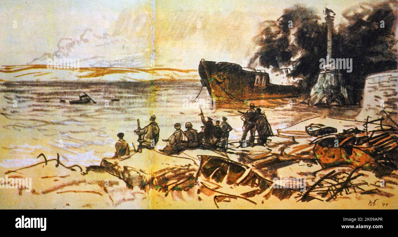 Pittura di soldati su una spiaggia durante il conflitto. Foto Stock