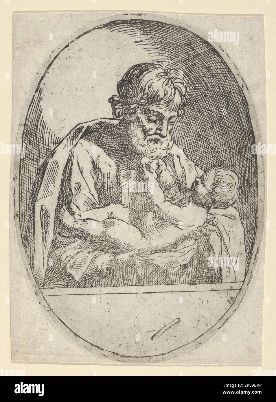 San Giuseppe che tiene il Cristo neonato, che alza le mani, una composizione ovale, dopo reni, ca. 1600-1660. Foto Stock