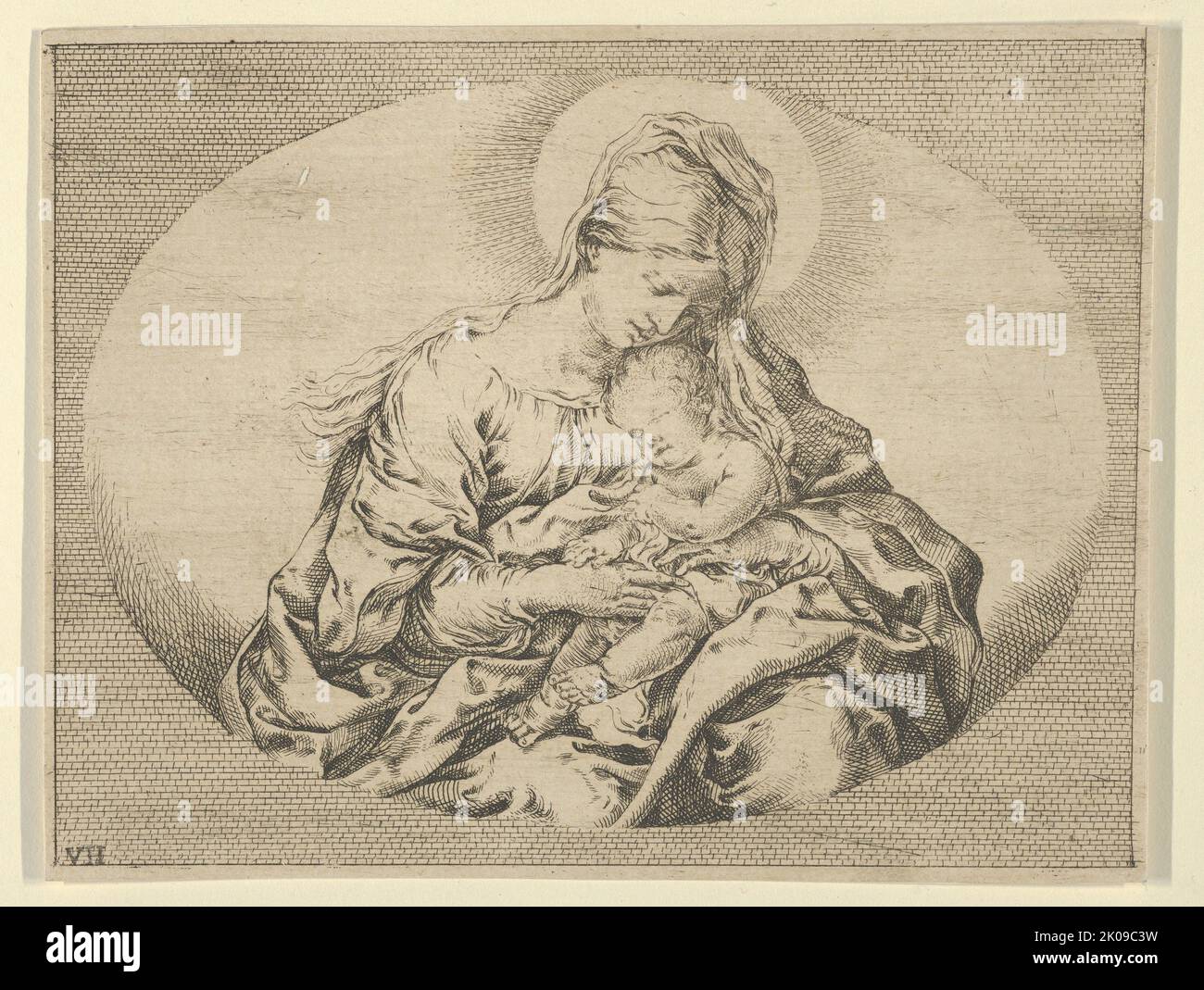 La Vergine che tiene il Cristo neonato, una composizione ovale, dopo reni, ca. 1600-1640. Foto Stock