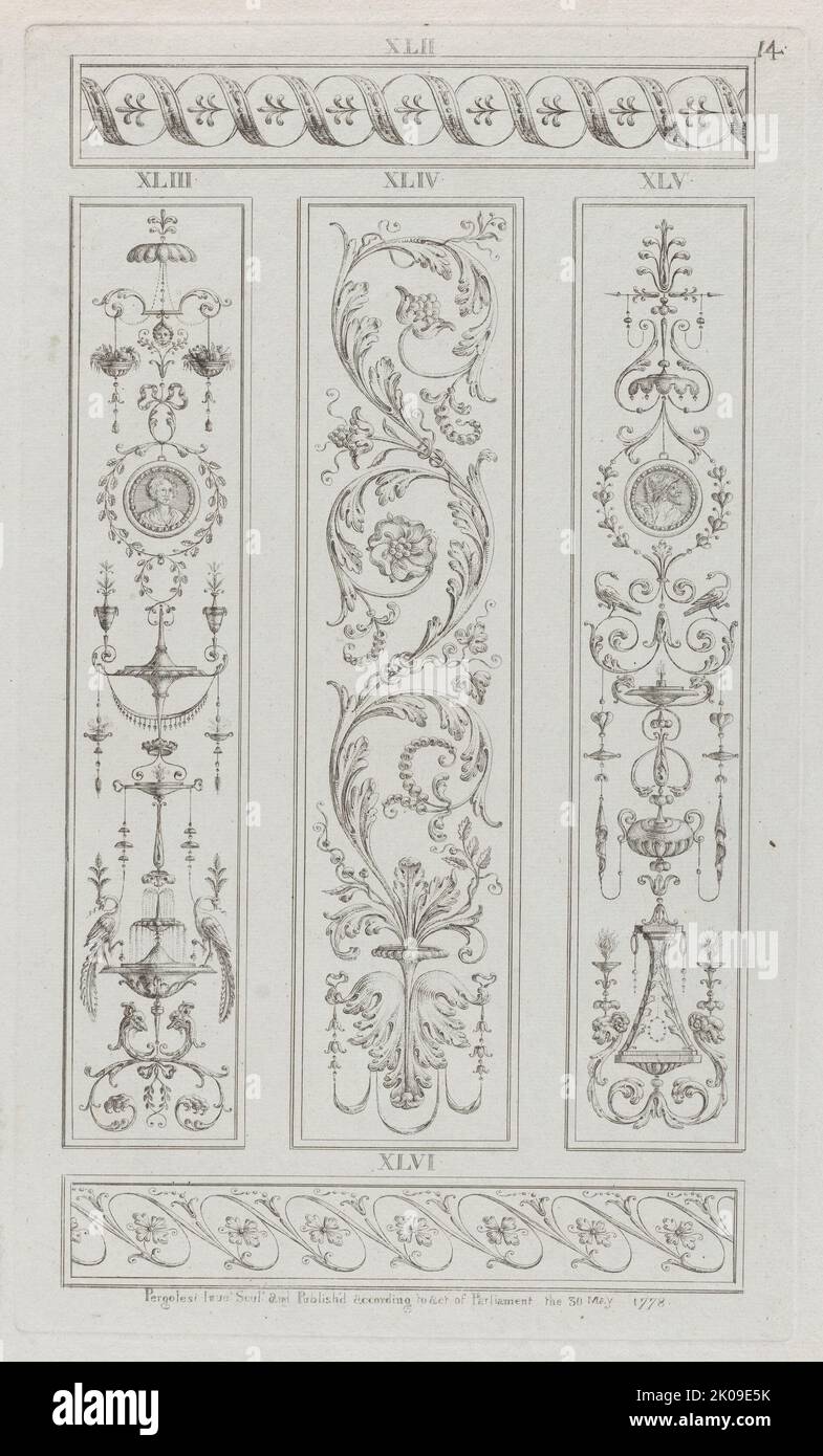 Pannelli di ornamento, n. XLII-XLVI ("disegni per ornamenti vari", pl. 14), 30 maggio 1778. Foto Stock