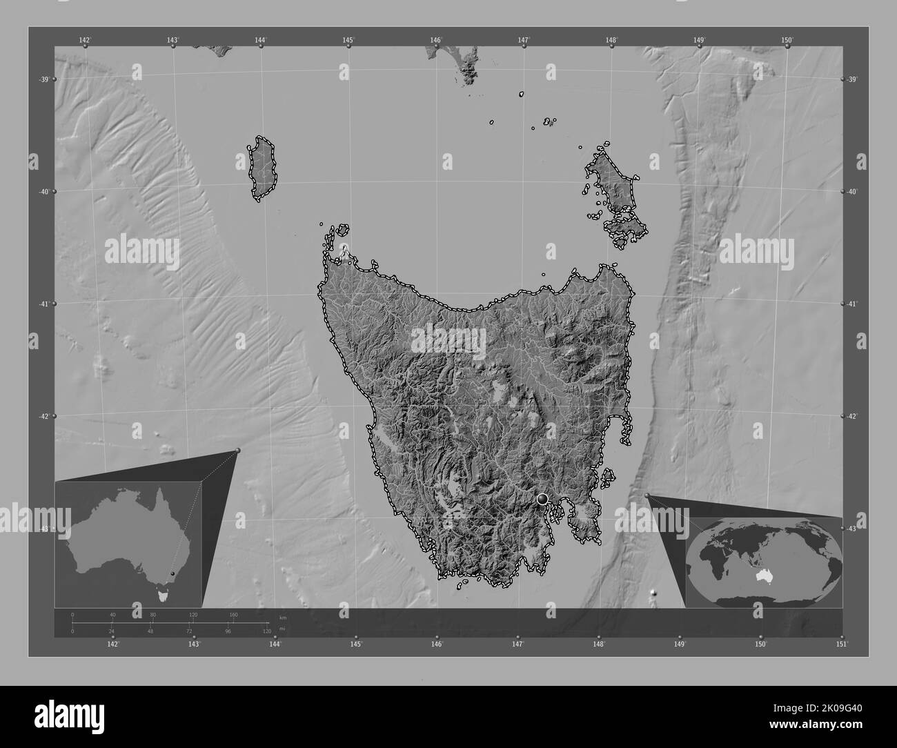 Tasmania, stato dell'Australia. Mappa altimetrica bilivello con laghi e fiumi. Mappe delle posizioni ausiliarie degli angoli Foto Stock