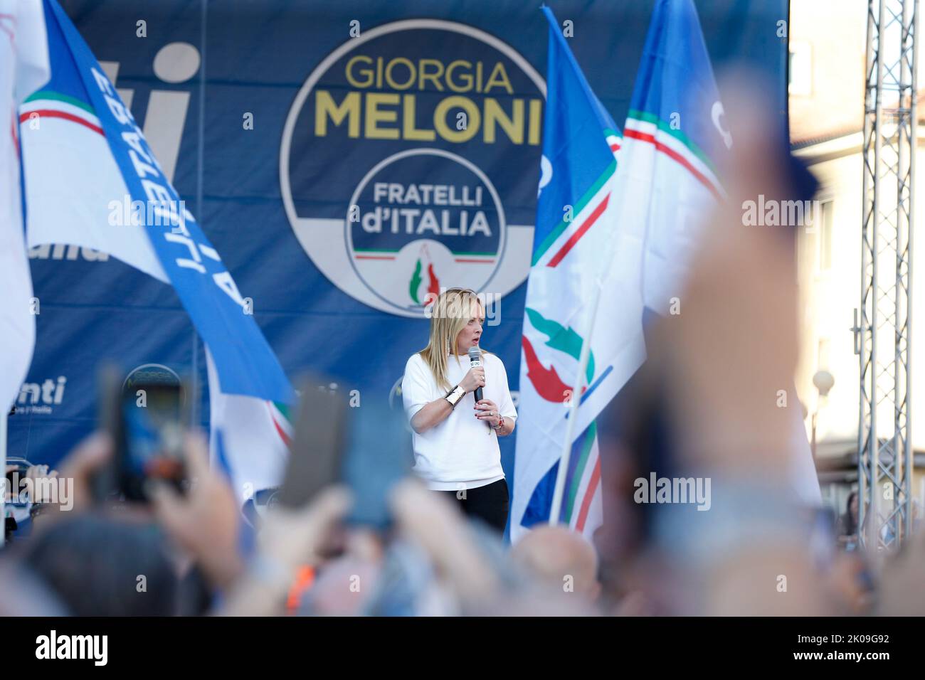 Capo del partito dei Fratelli d'Italia (FDI), discorso di Giorgia Meloni dal palco della città metropolitana di Mestre di Venezia 10th settembre 2022 Foto Stock