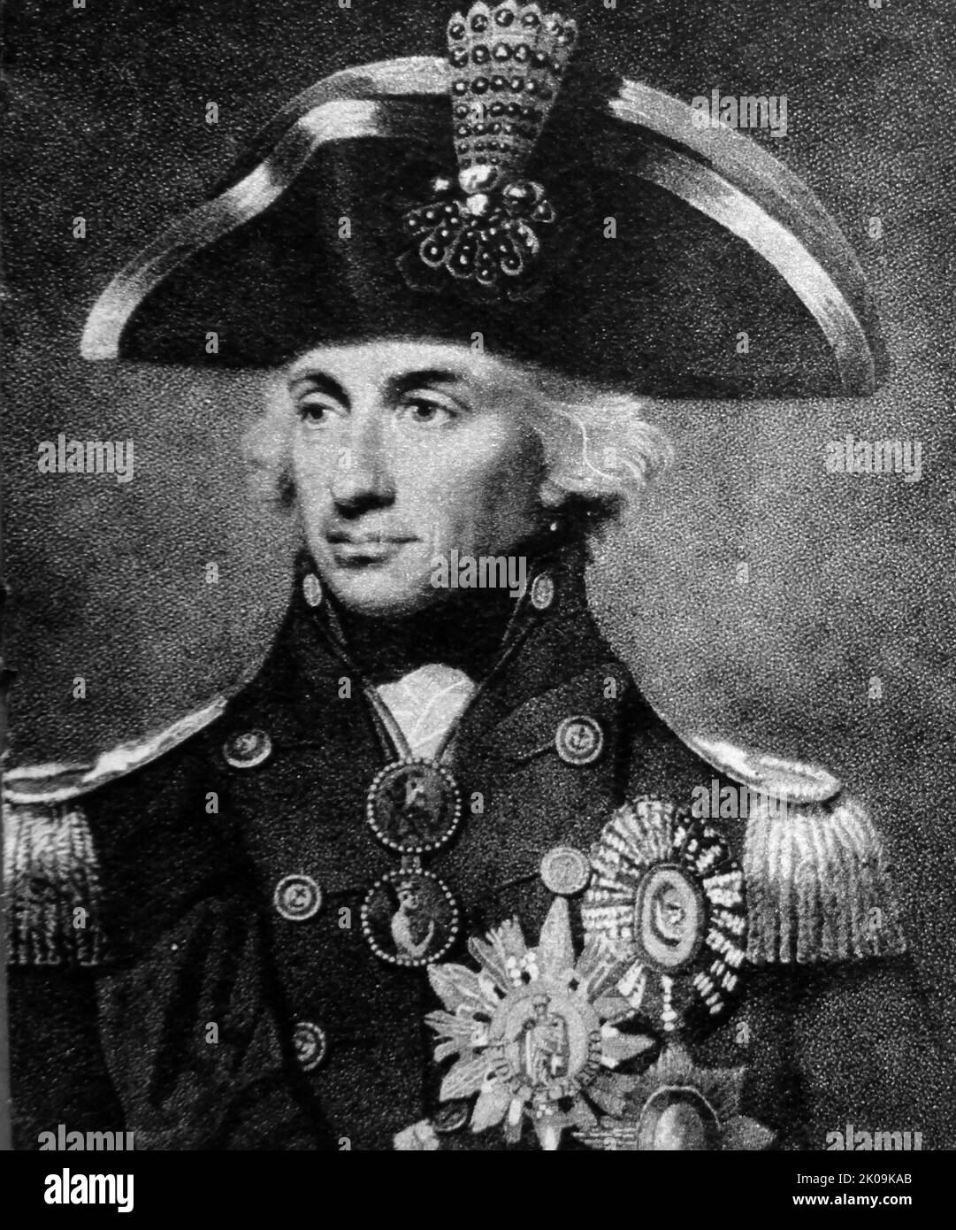 Il vice-ammiraglio Horatio Nelson, 1st Visconte Nelson, 1st Duca di Bronte, KB (29 settembre 1758 – 21 ottobre 1805), anche noto semplicemente come ammiraglio Nelson, è stato un ufficiale di bandiera britannico della Royal Navy. La sua leadership ispiratrice, la sua capacità di strategia e le sue tattiche non convenzionali hanno portato a una serie di vittorie navali britanniche decisive, in particolare durante le Guerre Napoleoniche. Foto Stock