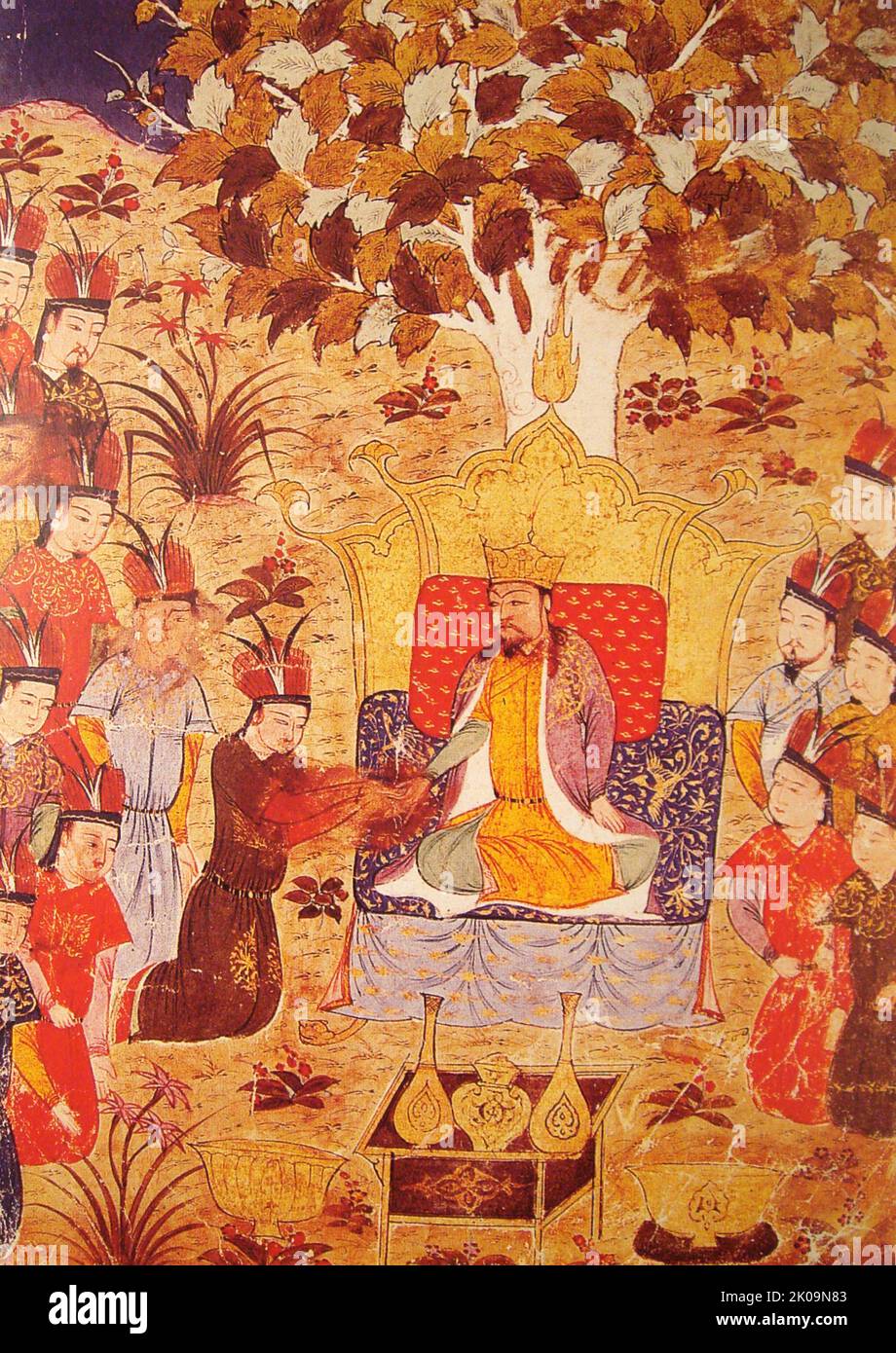 Incoronazione di Ogedei (1186 - 1241) terzo figlio di Genghis Khan e secondo imperatore khagan dell'Impero Mongolo, succedendo a suo padre. Continuò l'espansione dell'impero che suo padre aveva iniziato, ed era una figura mondiale quando l'Impero Mongolo raggiunse la sua estensione più lontana a ovest e a sud durante le invasioni mongoli d'Europa e le conquiste mongoli della Cina. Foto Stock