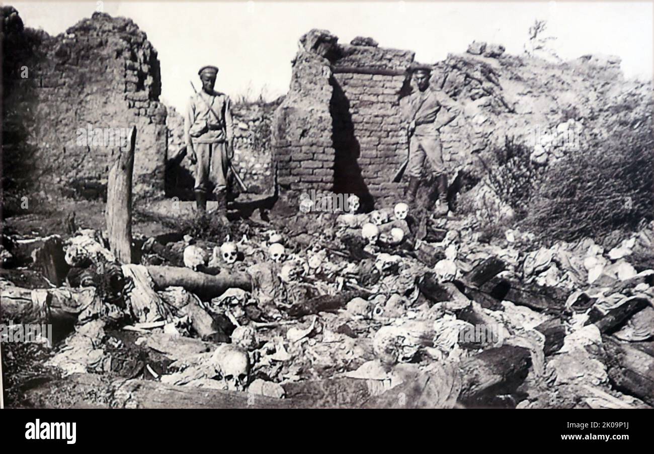 Cadaveri nel genocidio armeno. Il genocidio armeno fu la distruzione sistematica del popolo armeno e dell'identità nell'impero ottomano durante la prima guerra mondiale, guidata dal Comitato direttivo dell'Unione e del progresso (CUP), È stato attuato principalmente attraverso l'omicidio di massa di circa un milione di armeni durante le marce di morte nel deserto siriano e l'islamizzazione forzata di donne e bambini armeni. Foto Stock