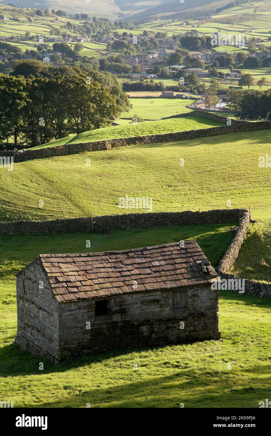 Vecchio fienile vicino Hawes, Wensleydale, nel Yorkshire Dales, Regno Unito Foto Stock