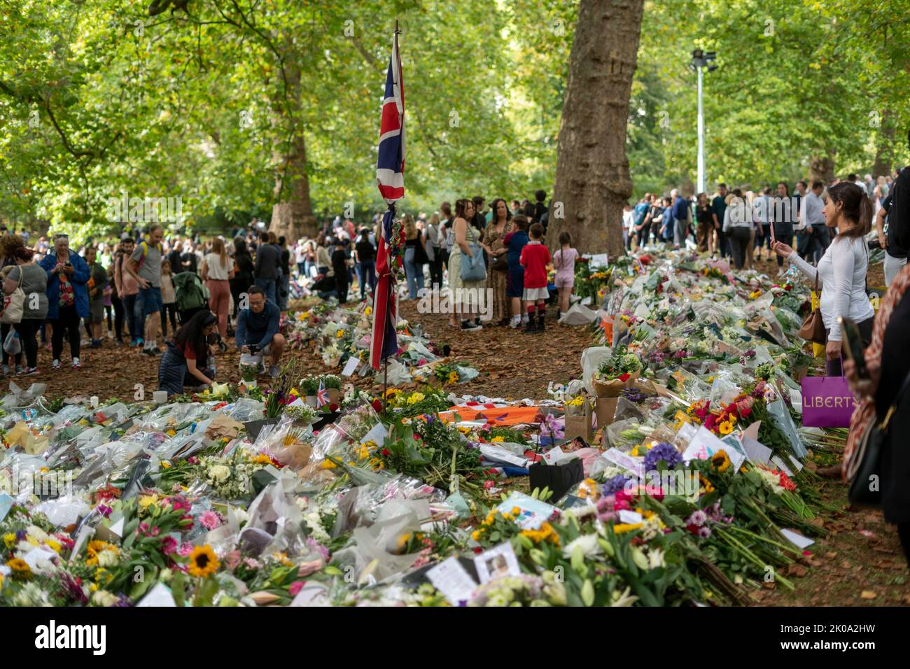 I membri del pubblico si riuniscono per deporre fiori nel parco verde vicino a Buckingham Palace oggi dopo la morte di sua Maestà la Regina Elisabetta II Foto Stock
