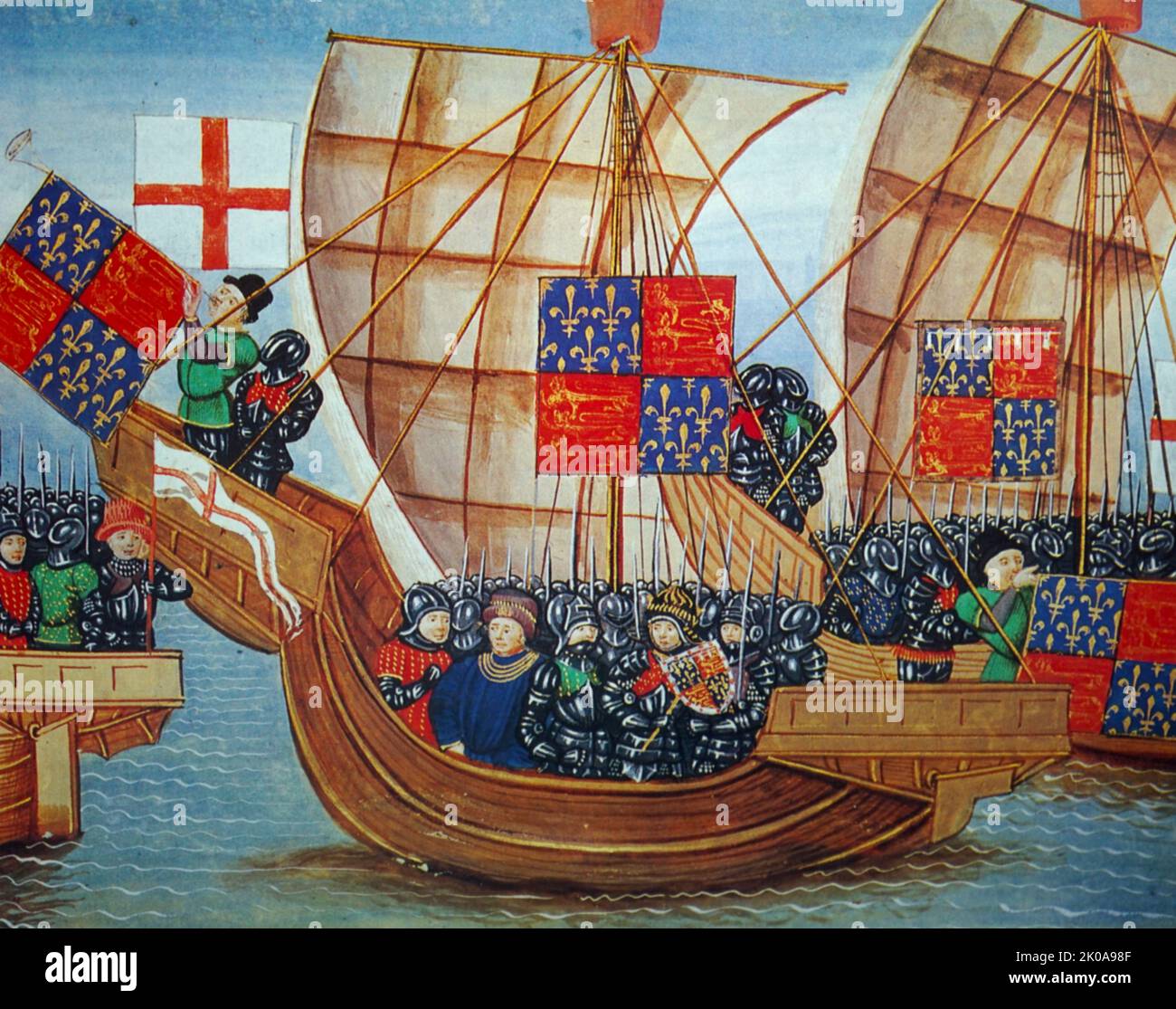 Truppe inglesi pesantemente corazzate imbarcarsi per la Francia allo scoppio della guerra dei cent'anni. La guerra dei cent'anni fu una serie di conflitti armati tra i regni dell'Inghilterra e della Francia durante il tardo Medioevo Foto Stock