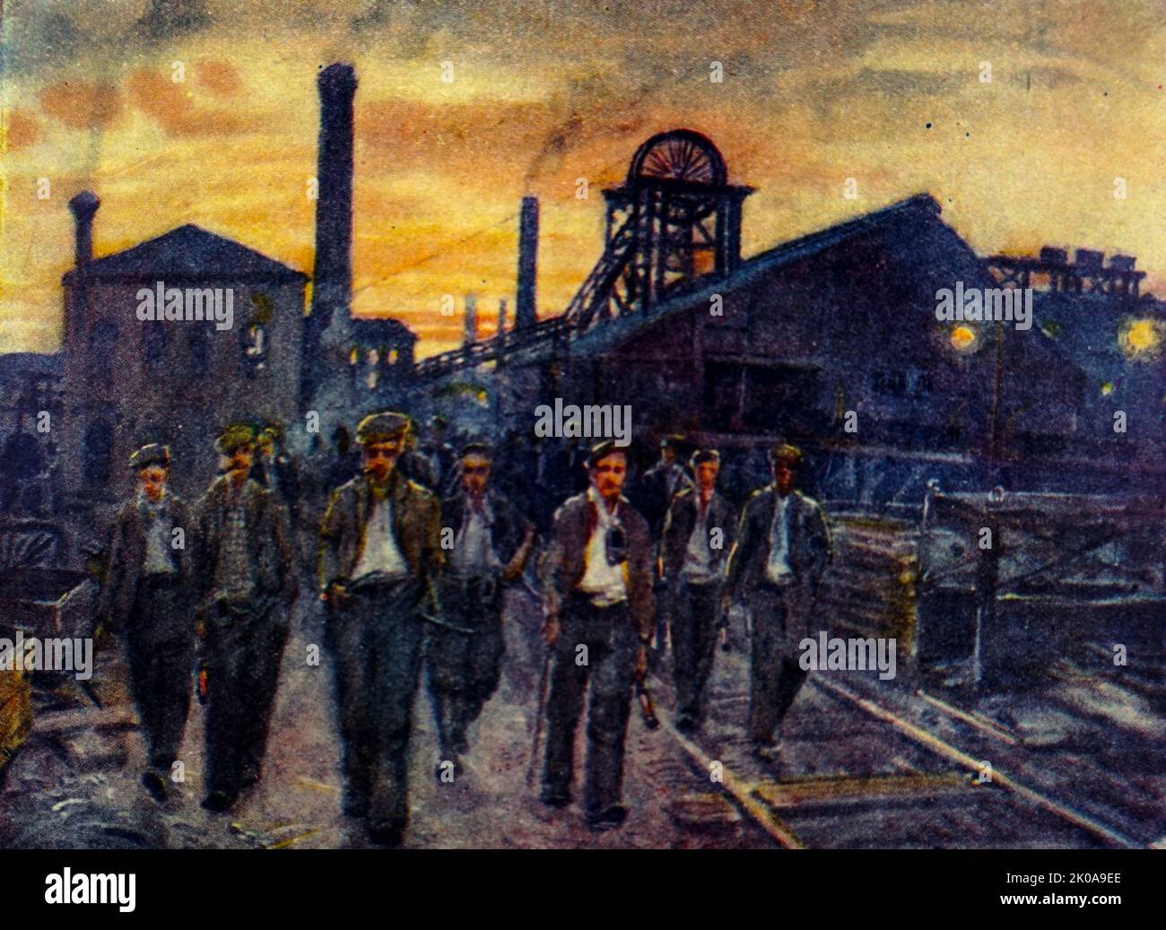 La cima di una miniera di carbone, dipinto da Gerald Palmer (1886-1961). Illustrator nato a Ferryhill, Co. Durham figlio di un ingegnere minerario. La sua formazione artistica non è nota, ma fu attivo come pittore in Gran Bretagna dal 1908 in poi Foto Stock