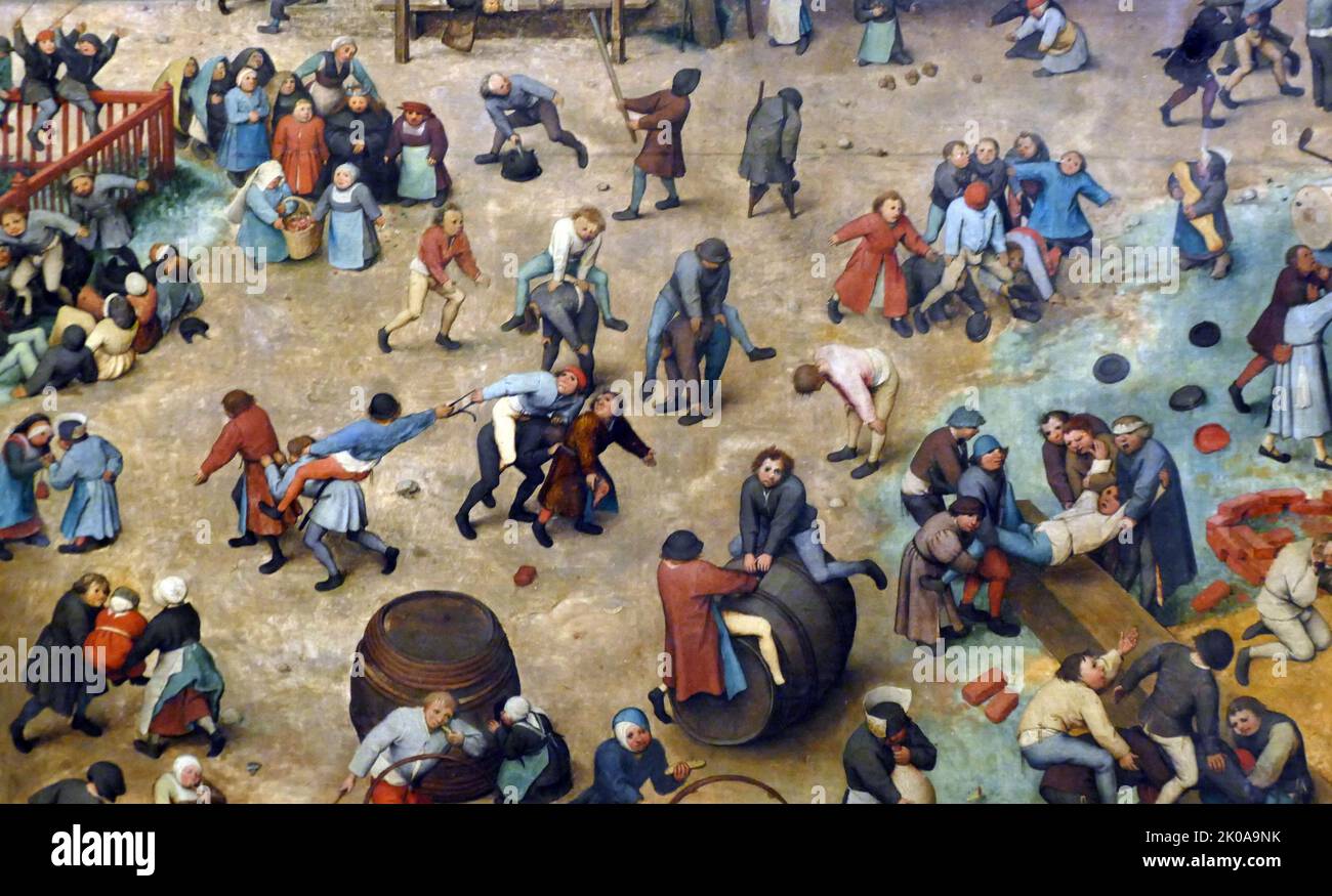Giochi per bambini, 1560, di Jan Brueghel, di Jan Brueghel (1568 - 1625), pittore e disegnatore fiammingo. Era figlio dell'eminente pittore fiammingo rinascimentale Pieter Bruegel il Vecchio. Un amico stretto e un frequente collaboratore con Peter Paul Rubens Foto Stock