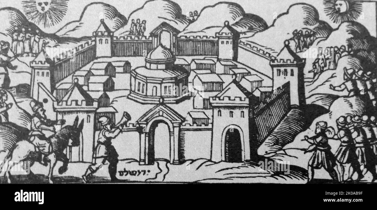 L'ingresso del Messia in Gerusalemme, seguito dall'ingaterazione degli esuli. Dalla Haggadah di Venezia, 1609. Illustrazione Foto Stock