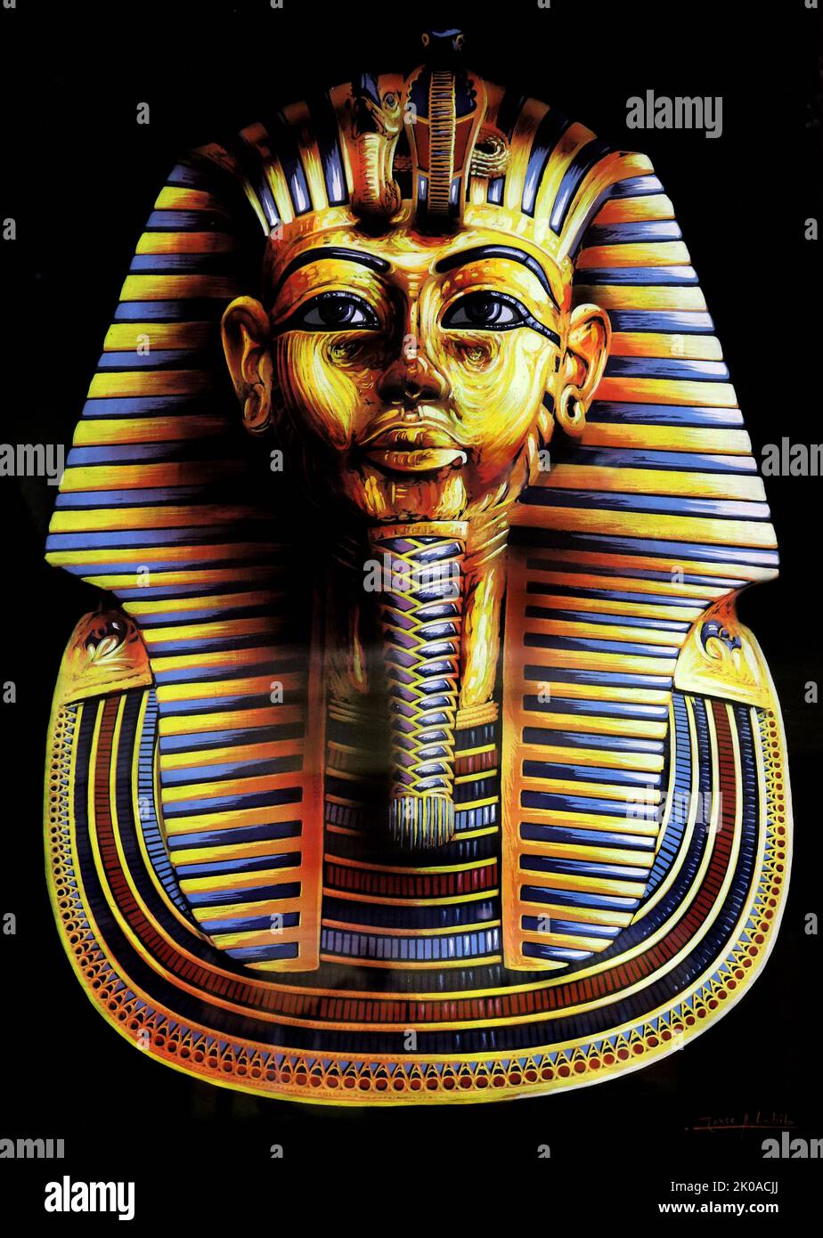 Il payrus moderno raffigurante Tutankhamon, faraone egiziano che fu l'ultimo della sua famiglia reale a governare durante la fine della dinastia del 18th (regnò sul c.. 1332 - 1323 a.C. nella cronologia convenzionale) durante il nuovo Regno di storia egiziana. Foto Stock