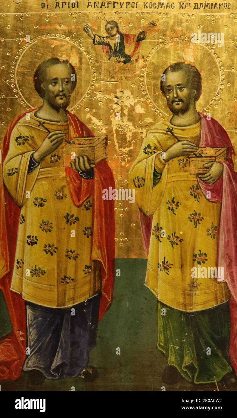 Icona cristiana copta di San Kazman e San Damiano. Egiziano. Entrambi erano martiri cristiani, della Penisola Araba Foto Stock