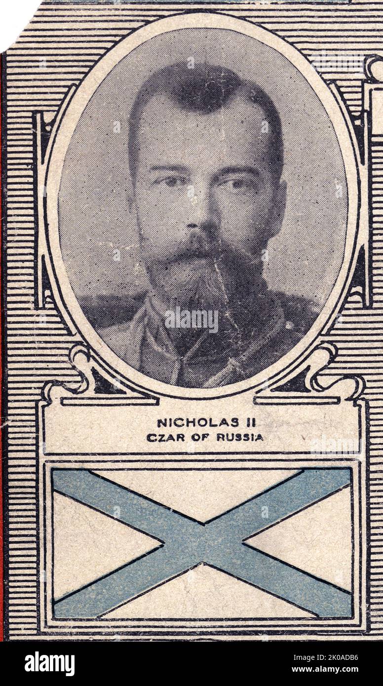 Bandiera della Russia Imperiale nel 1914, con ritratto di Nicola II o Nikolai II Alexandrovich Romanov (1868 - 17 luglio 1918), ultimo Imperatore di Russia, Re del Congresso Polonia e Granduca di Finlandia, regnante dal 1 novembre 1894 fino alla sua abdicazione il 15 marzo 1917 Foto Stock