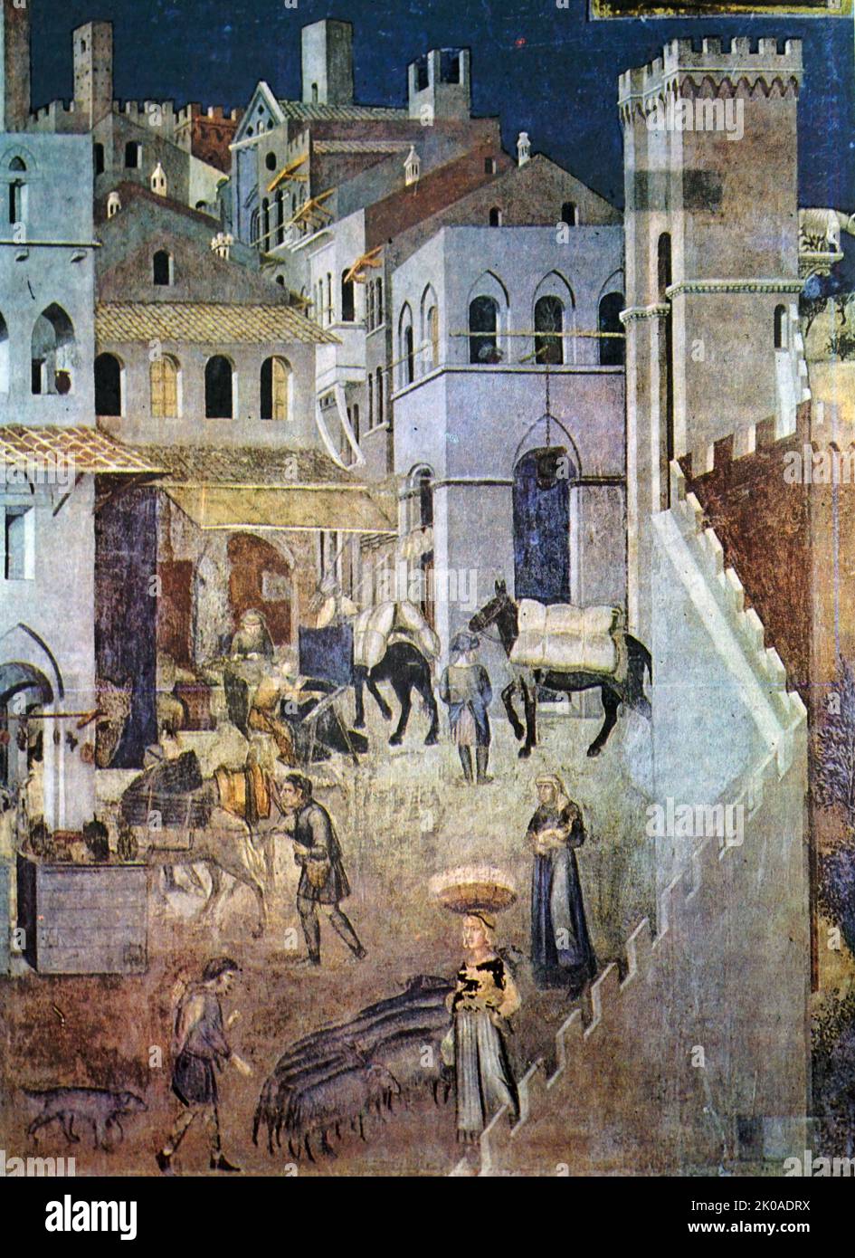 La città medievale italiana di Siena. Affresco del 14th ° secolo Foto Stock