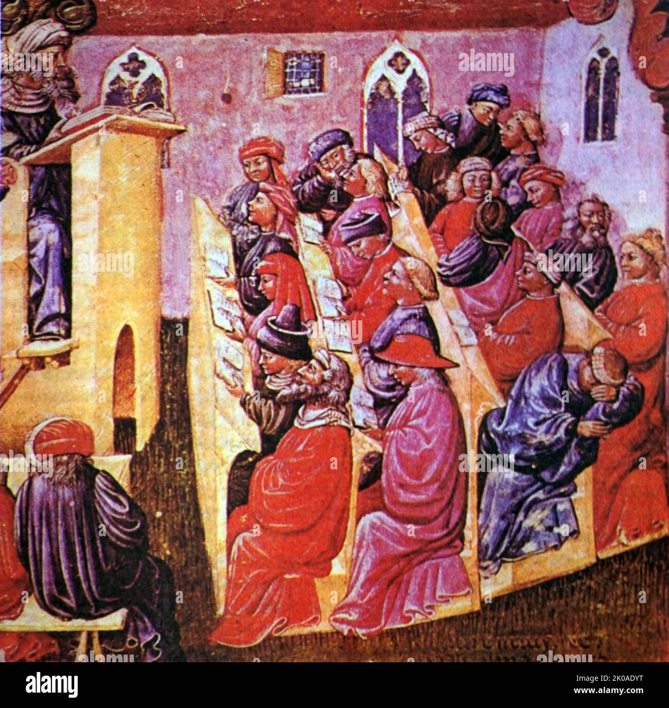 Pubblico durante una lezione presso un'università medievale. XIV secolo Foto Stock
