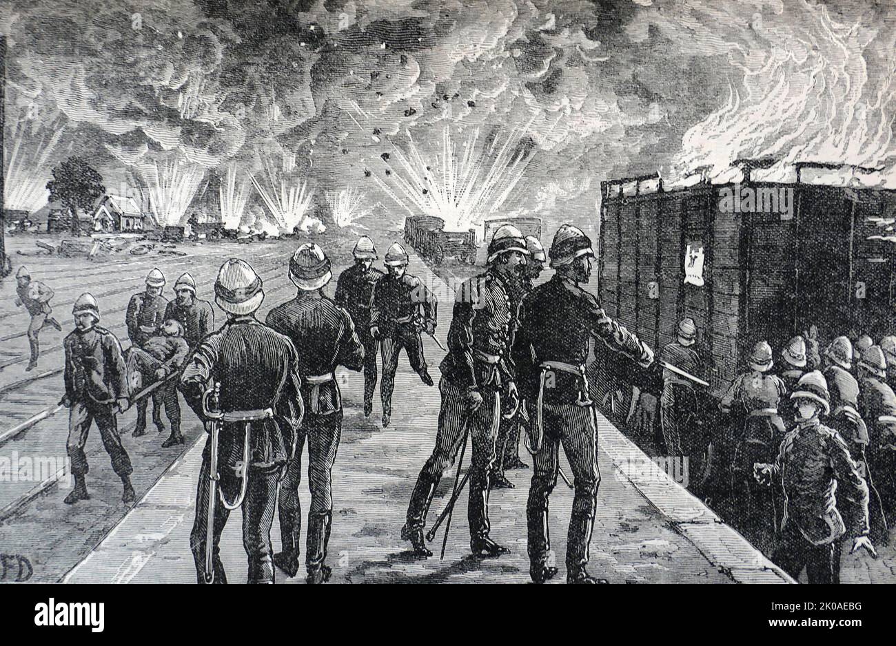 Esplosione al Cairo stazione ferroviaria, British Invasion nel 1882, dal British battaglie di terra e di mare, da James Grant Foto Stock