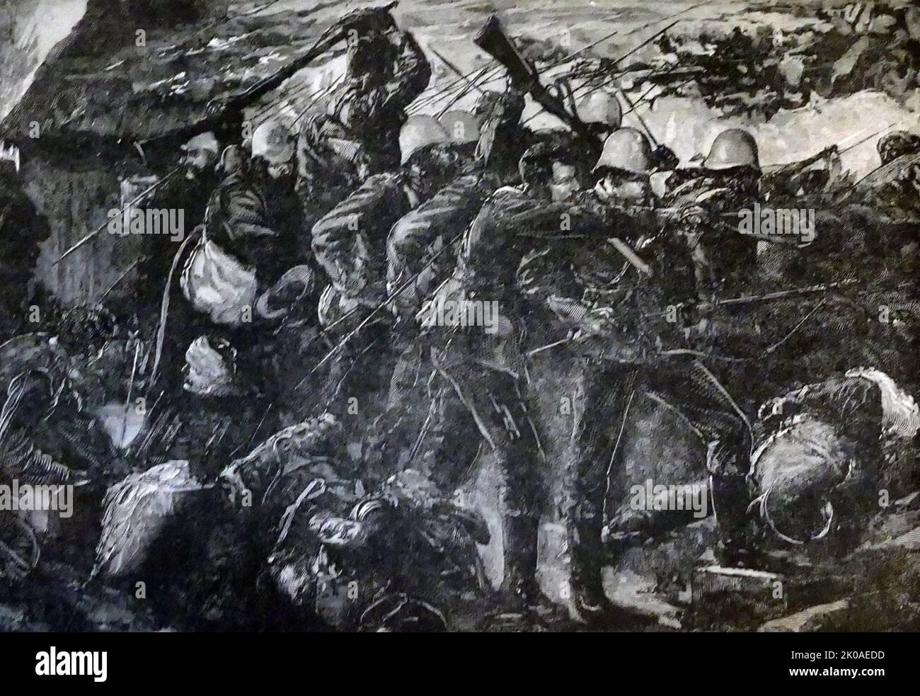La Battaglia di Rorke's Drift (1879), conosciuta anche come la difesa della deriva di Rorke, fu un impegno nella guerra anglo-Zulu. La difesa britannica di successo della stazione di missione di Rorke's Drift, sotto il comando dei tenenti John Chard dei Royal Engineers e Gonville Bromhead, 24th Reggimento del piede, Iniziato quando un grande contingente di guerrieri Zulu si staccò dalla loro forza principale durante l'ultima ora della sconfitta britannica nella battaglia di un giorno di Isandlwana il 22 gennaio 1879, deviando 6 miglia (9,7 km) per attaccare la deriva di Rorke più tardi quel giorno e continuando nel giorno successivo Foto Stock