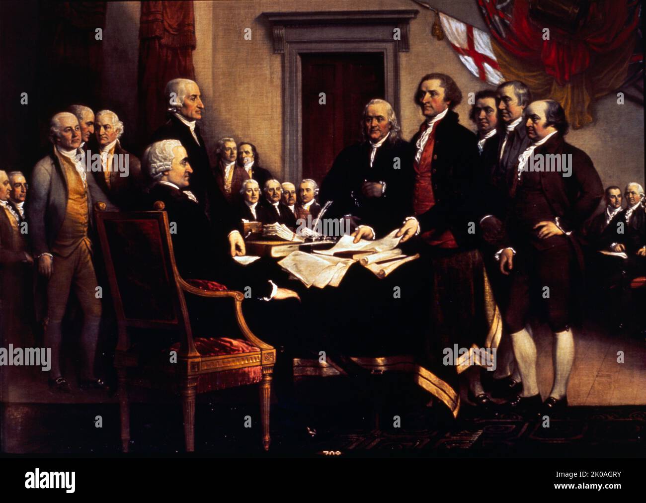 Dipinto a olio su tela dell'artista americano John Trumbull che illustra la presentazione della bozza della Dichiarazione di indipendenza al Congresso. 1776 Foto Stock