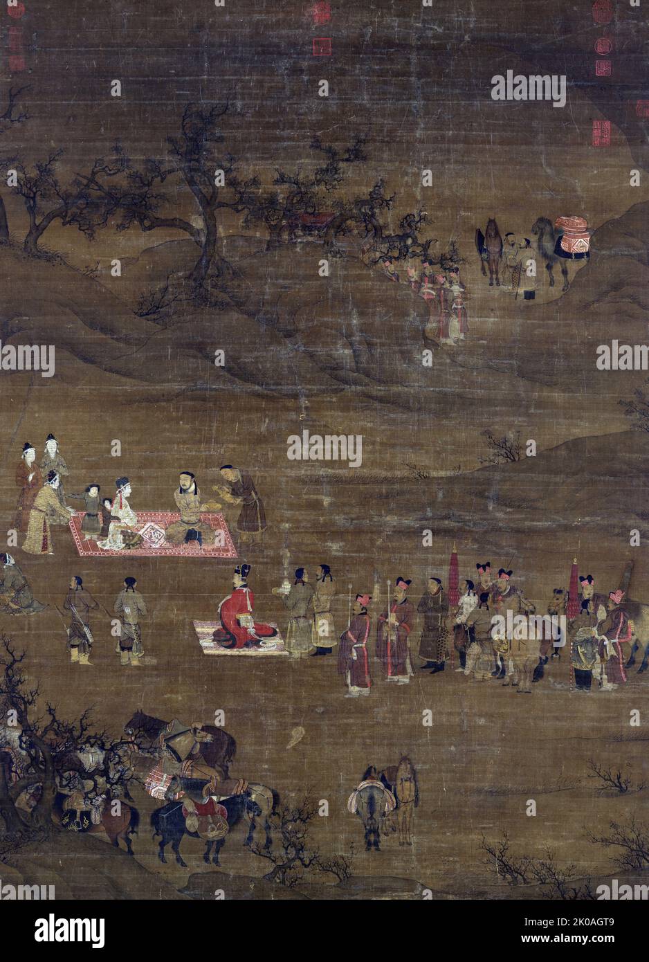 Chen Juzhong (1195-1224) il ritorno di Lady Wenji in Cina. CAI Wenji (162-229), figlia di Cai Yong del periodo orientale Han, fu rapita a cavallo dai tribesini settentrionali durante il caos dell'era Xingping, sposata con il re Zuoxiano del Xiongnu meridionale, e successivamente salvata da Cao Cao dopo il pagamento di un grande riscatto. Questo dipinto era stato attribuito a Chen Juzhong durante il regno di Jiatai (1201-1204) dell'imperatore Ningzong della dinastia Song. Foto Stock